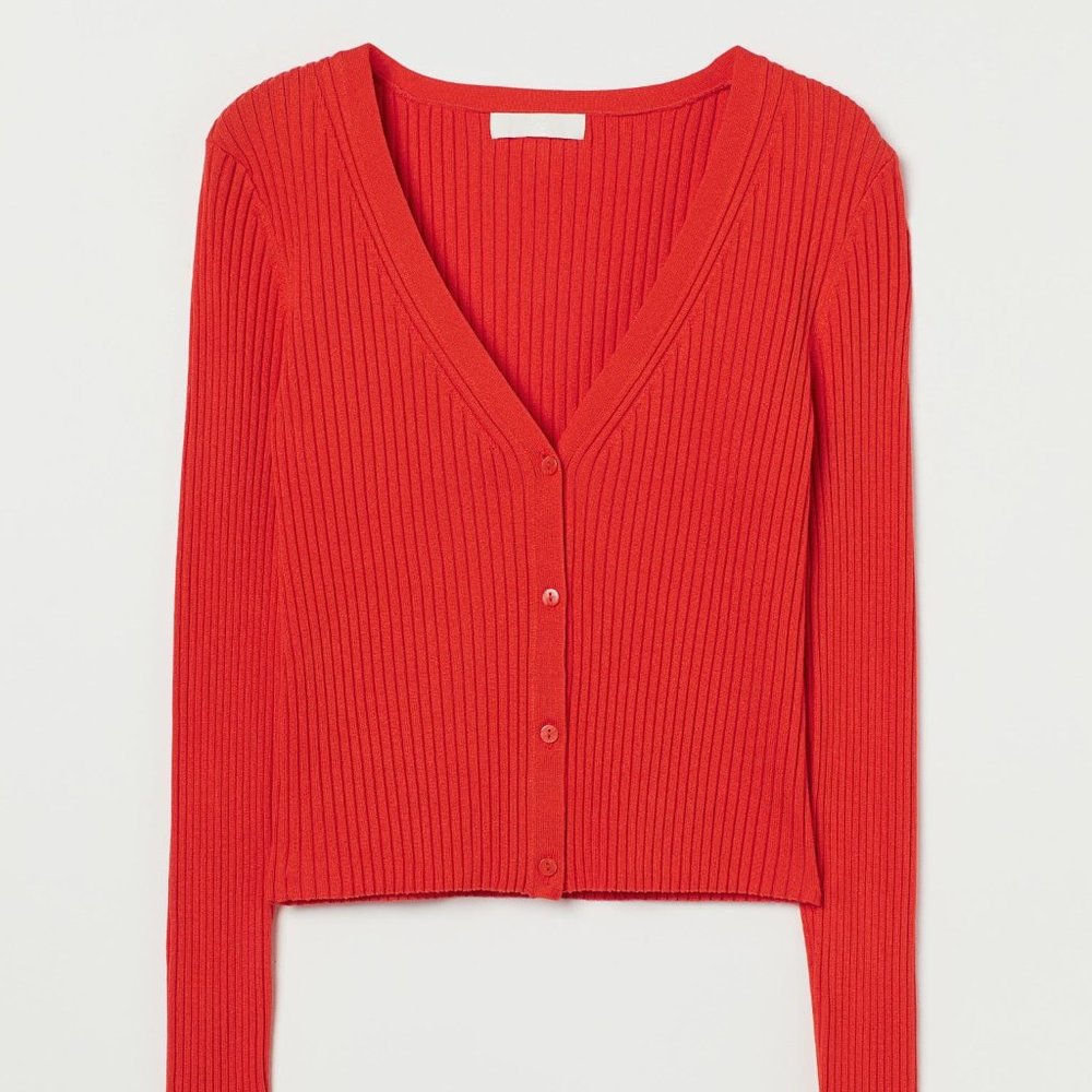 Bright Red Ribbed Cardigan
